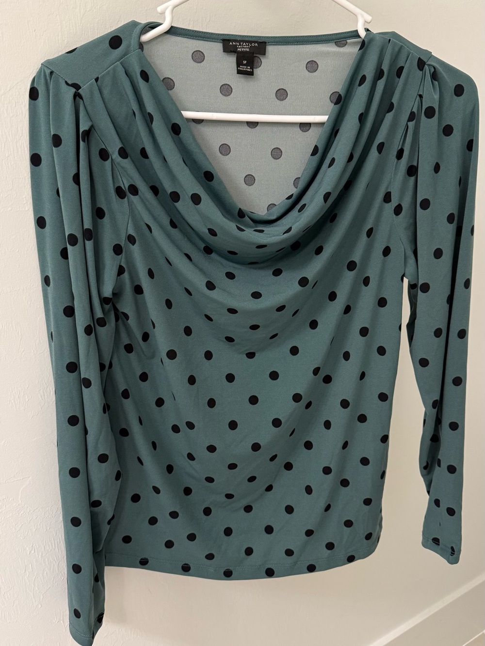 Ann Taylor Petite Teal Top with Black Polka Dots